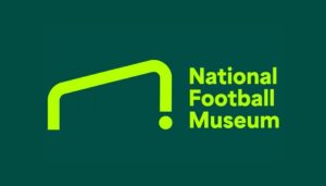 Logo of the National Football Museum on a dark green background. The design includes a stylized fluorescent green goalpost shape and the museum's name.