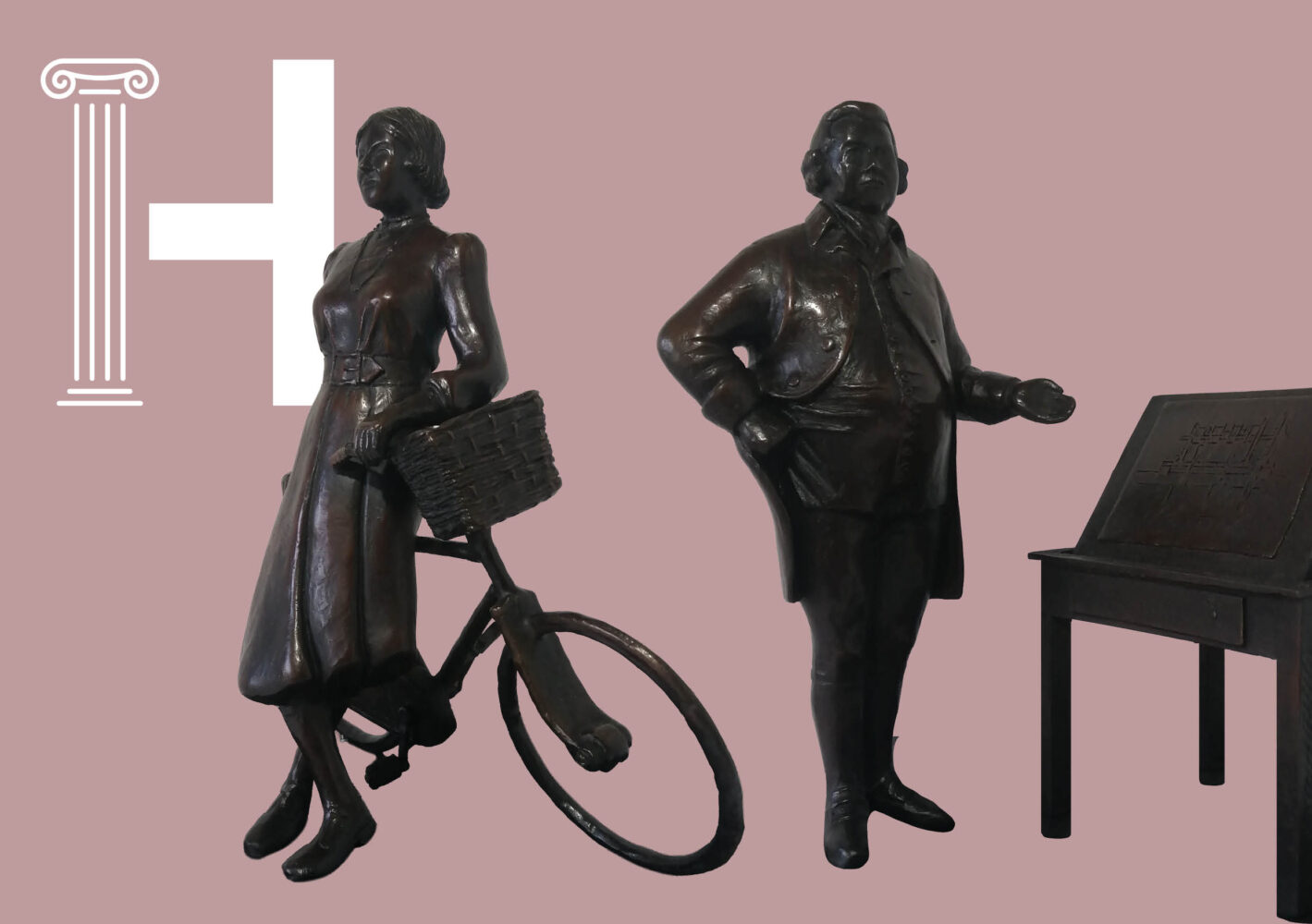 Bronze statues on a pink background: a woman with a bicycle and basket, a man with a hand on his hip, and a writing desk. Classical column outline.