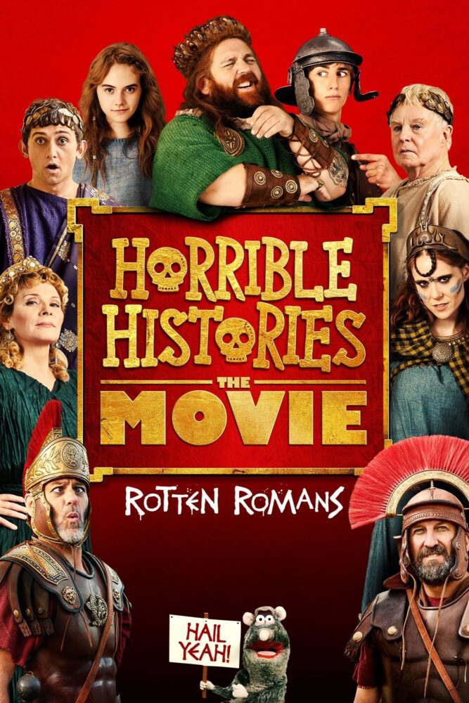 Poster for "Horrible Histories: The Movie - Rotten Romans" features costumed characters against a red background, with comedic expressions and bold, stylized text.