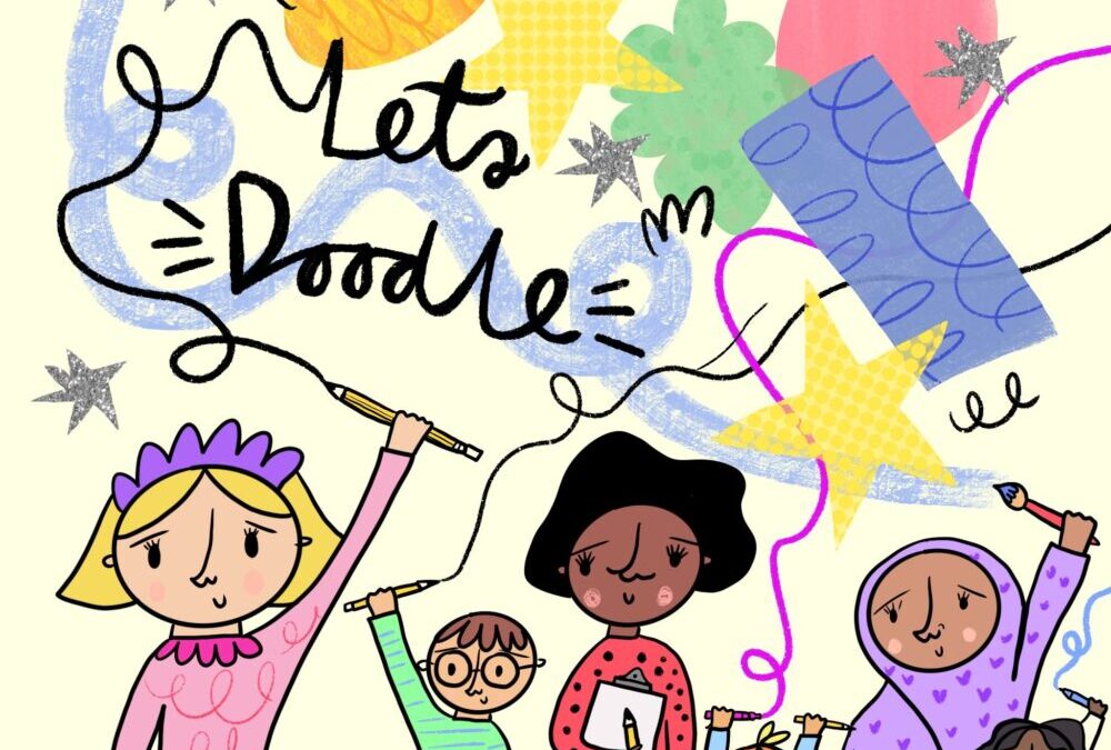 A diverse group of people happily holding pencils with colorful doodles and stars in the background. The words "Let's Doodle" are playfully written.