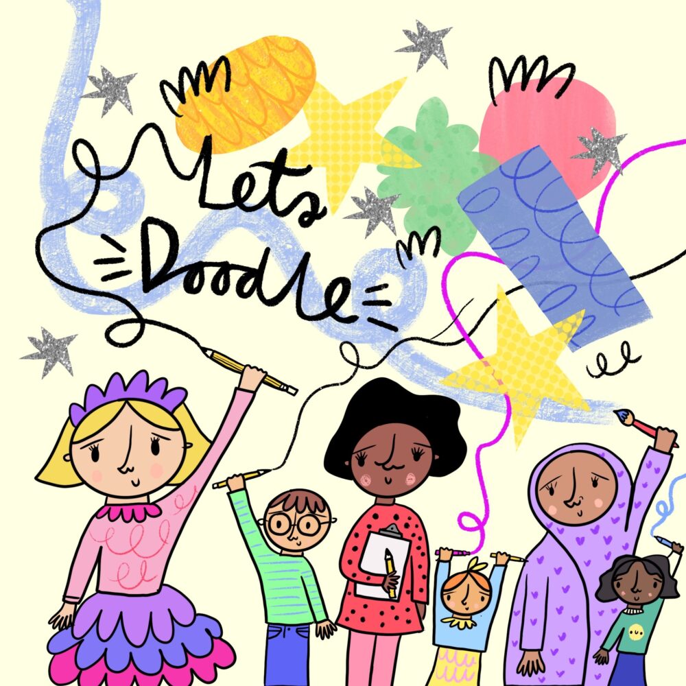 A diverse group of people happily holding pencils with colorful doodles and stars in the background. The words "Let's Doodle" are playfully written.