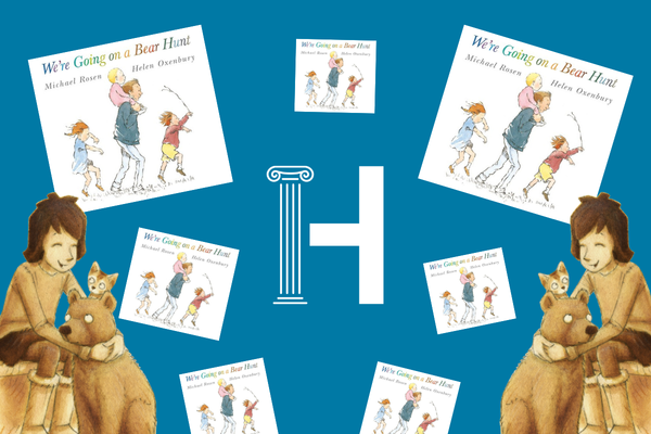 Collage featuring multiple covers of "We're Going on a Bear Hunt" with playful characters. A child rides a bear, conveying adventure and whimsy, on a blue background.