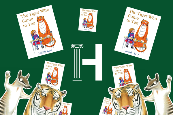 The image features multiple book covers of "The Tiger Who Came to Tea" with a tiger and girl illustration on a green background, surrounded by tiger and kangaroo figures.