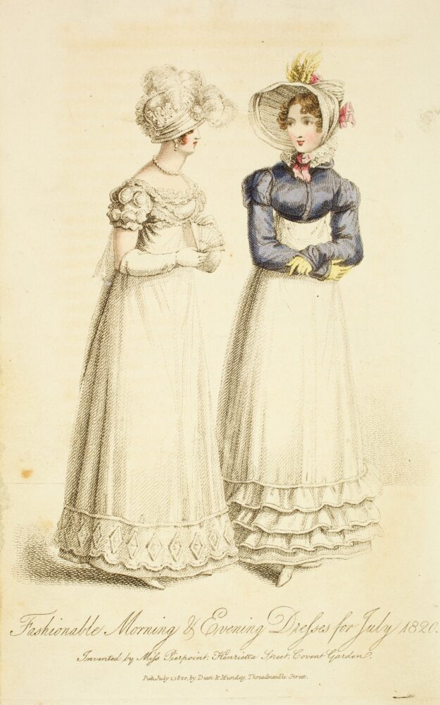 Two women in early 19th-century fashion, one in a white ruffled dress with a bonnet, the other in a blue velvet bodice and white dress, both exuding elegance.