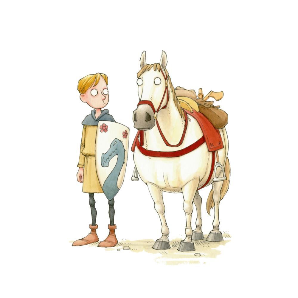 Illustration of a young knight holding a shield with a dragon emblem, standing beside a saddled horse. The scene has a whimsical, medieval tone.