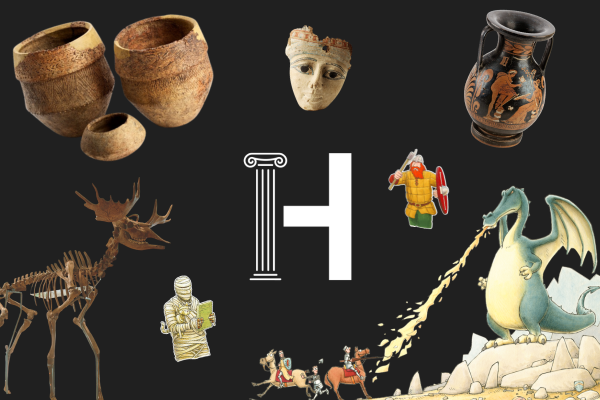 A collage on a black background features ancient pottery, a stone face, a mounted skeleton, a Greek vase, a Roman soldier, and a dragon breathing fire.