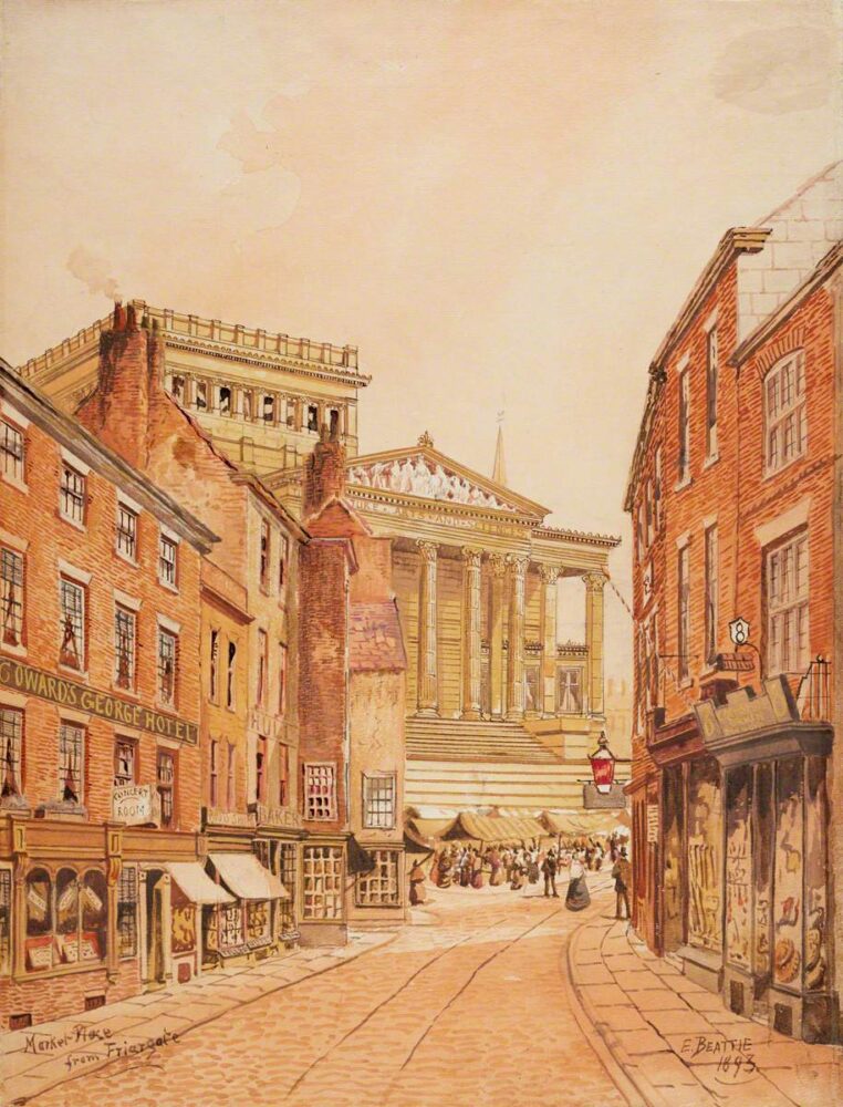 Vintage street scene painting shows historic brick buildings lining a cobblestone road. Warm tones enhance the nostalgic, serene atmosphere.