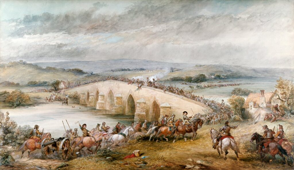 Battle scene depicting cavalry and soldiers crossing a stone bridge amidst smoke and chaos; a sense of urgency and tension fills the historic landscape.