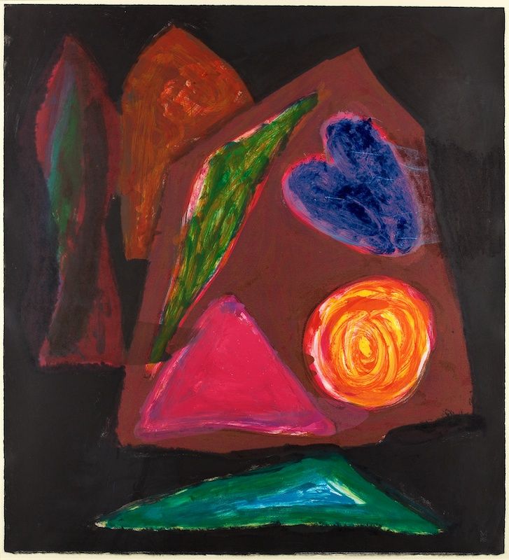 Abstract painting with bold shapes. Features a pink triangle, yellow-orange swirl, green leaf-like form, and blue heart on a dark background, creating a vibrant, energetic composition.