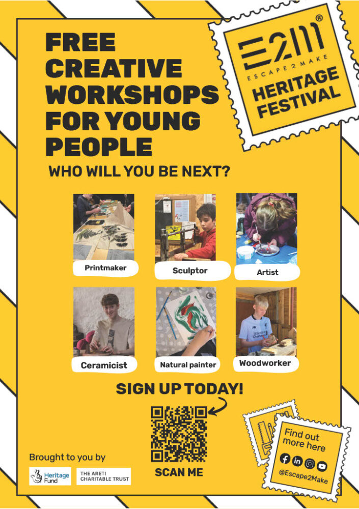 Yellow poster which reads: 'Free creativeworkshops for young people. Who will you be next?'