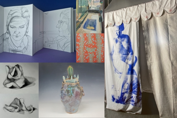 A collage featuring abstract landscape paintings, two drawings of folded fabric, a ceramic vase with a cactus, and a photograph of a curtained tent with a blue-toned figure printed on the fabric.