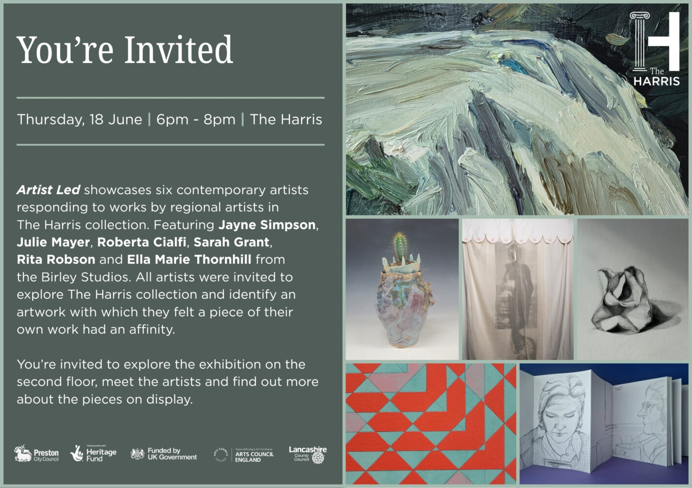 A grey invitation with a range of colourful artwork on the right side.