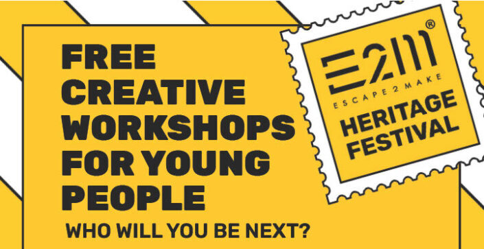 Yellow poster which reads: 'Free creativeworkshops for young people. Who will you be next?'
