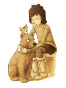 Brown illustration of Nell and cave bear
