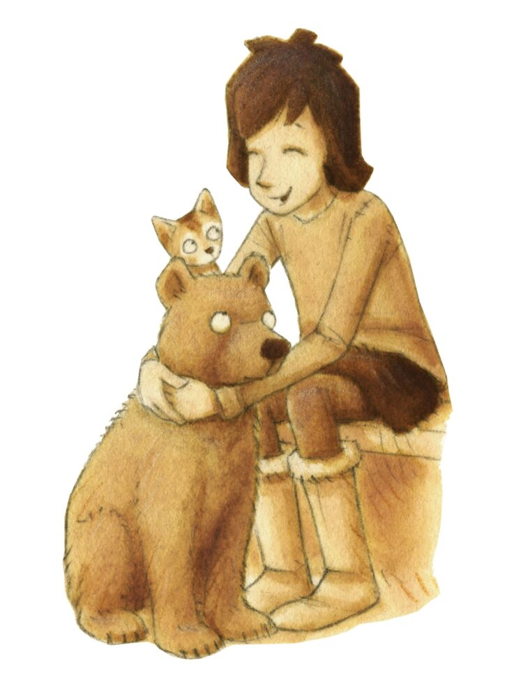 Brown illustration of Nell and cave bear