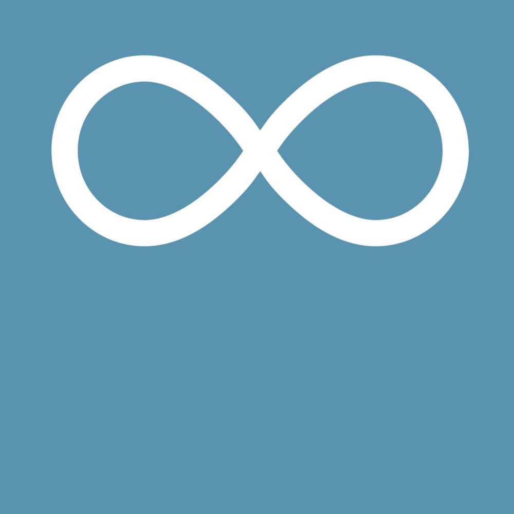 A white infinity symbol on a blue background