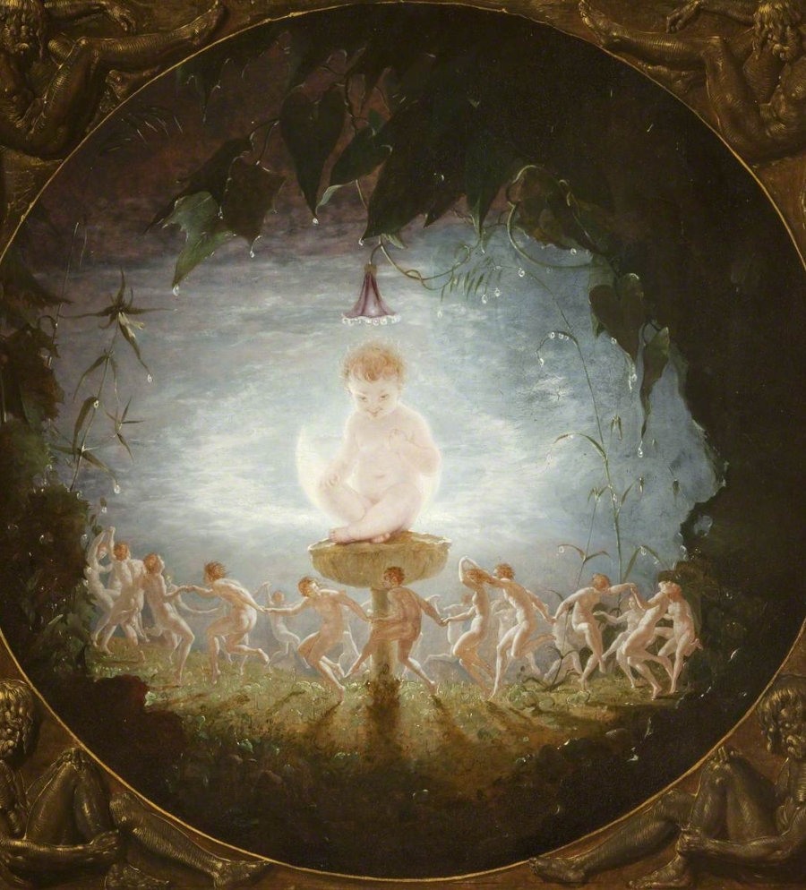 This painting shows Puck, a character from Shakespeare's play 'A Midsummer Night’s Dream', who causes much mischief. He is shown here as an infant sitting on a toadstool, while fairy figures dance round him in the moonlight.