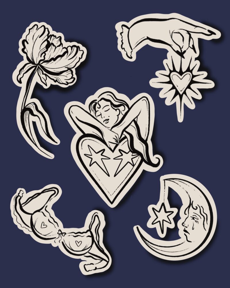 Image of a collection of whimsical stick and poke tattoos