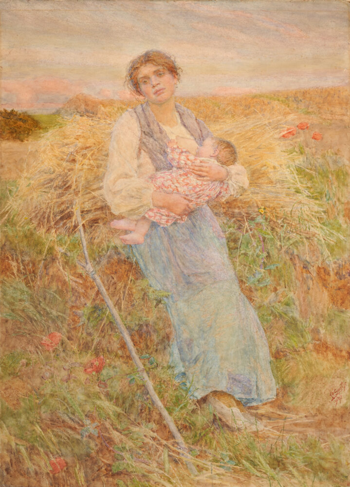 A panting of a mother and baby in a grassy field.