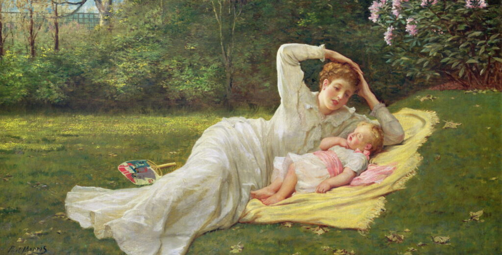 Image of a painting of a mother lying on a grsy bank with a baby on a yellow blanket.