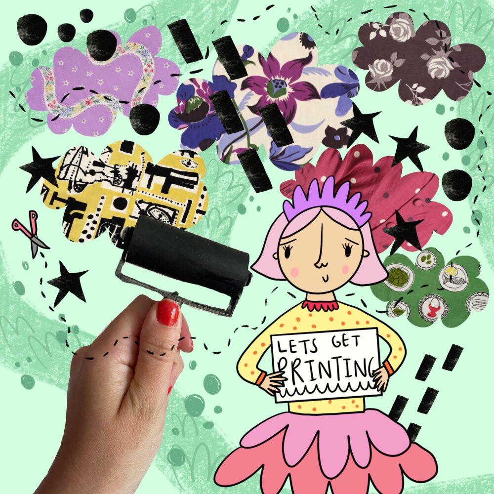 A collage graphic with a roller and patterns.