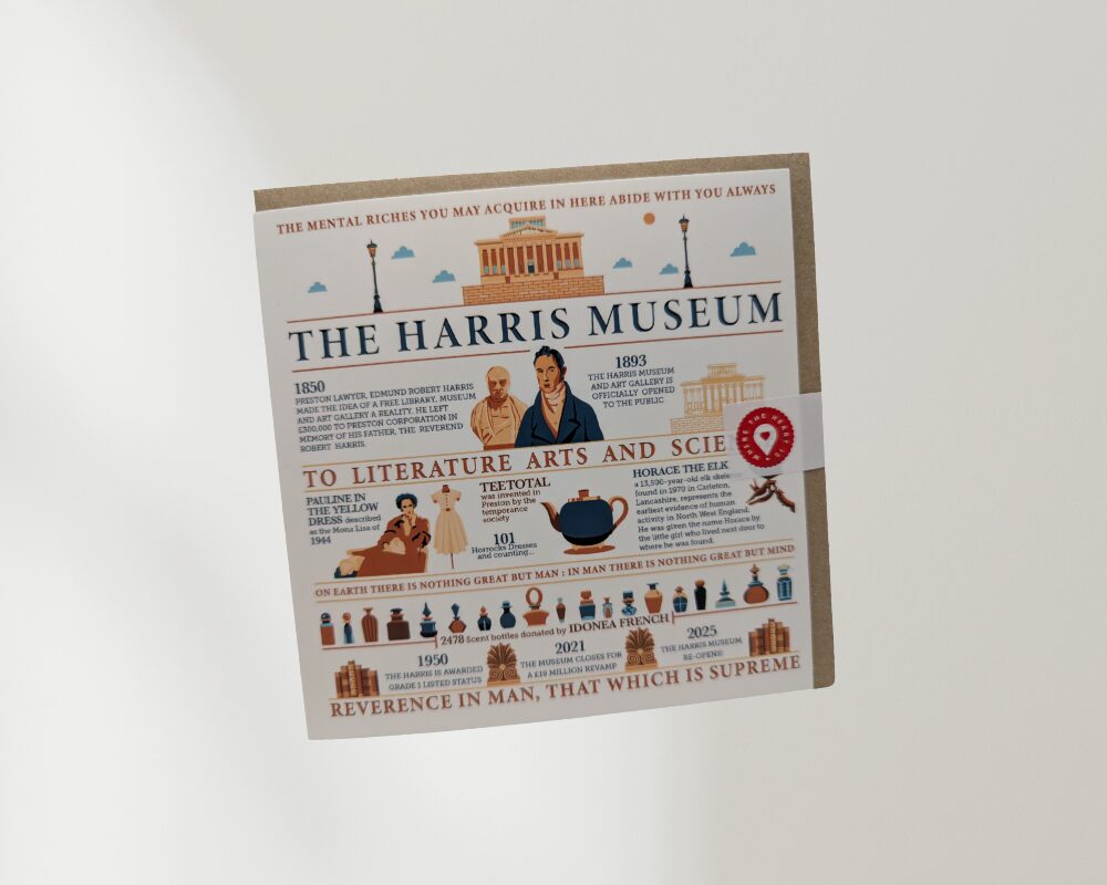 An infographic-style print celebrating The Harris Museum, Art Gallery and Library. The design features an illustration of the Harris building at the top, a timeline of key dates in its history, and colourful illustrations of collection highlights, including a portrait, a yellow dress, a blue teapot, a deer skull, architectural details, decorative objects and classical columns. The print is rendered in cream, blue and terracotta tones and includes the museum's motto, "To Literature Arts and Sciences", along with historical facts about the building, its collections and Preston's cultural heritage.