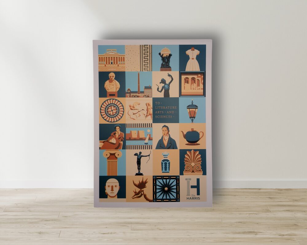 A square promotional print featuring a grid of illustrated tiles inspired by The Harris.