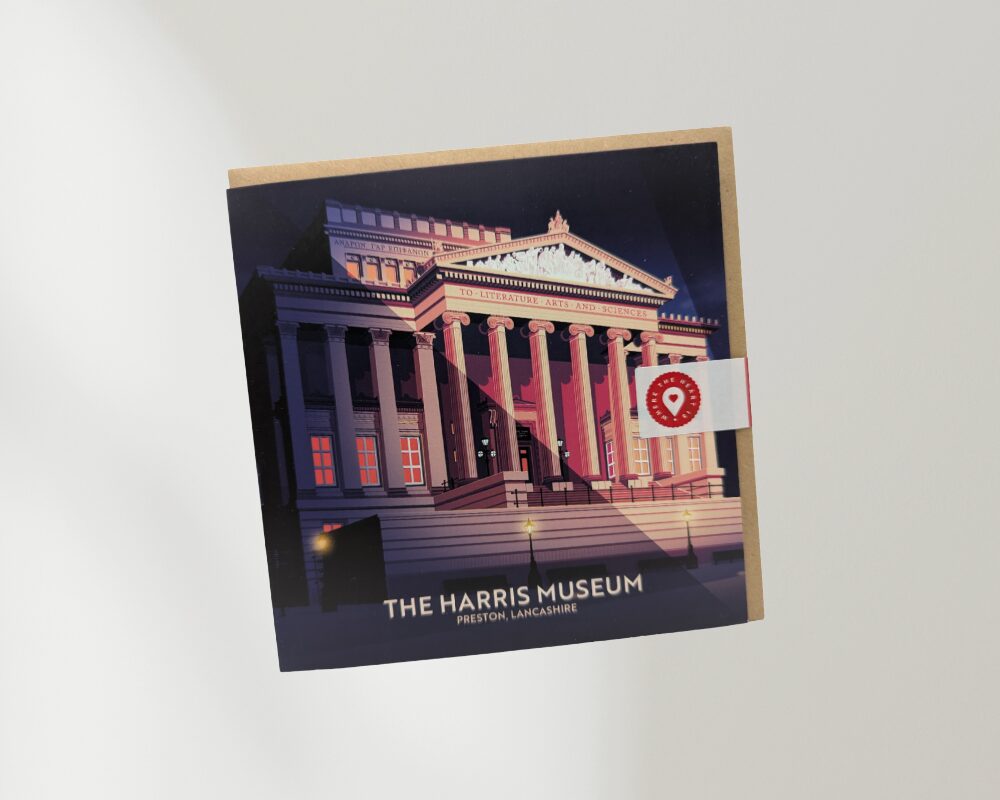 An illustrated art print depicting The Harris Museum, Art Gallery and Library at night. The neoclassical building is shown illuminated in pink and warm white light, with its grand columns, pediment and wide steps standing out against a dark, starry sky. Street lamps glow in the foreground, while dramatic shadows and lighting create a theatrical effect across the façade. The museum's inscription, "To Literature Arts and Sciences", is visible on the pediment above the columns.