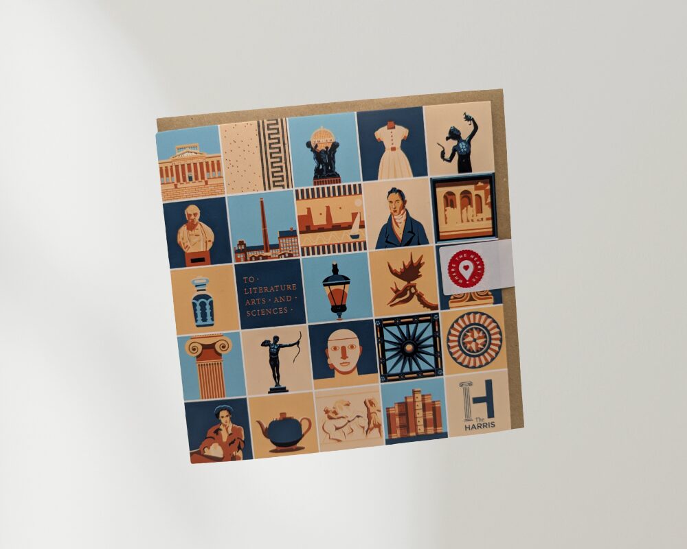 A square promotional card featuring a grid of illustrated tiles inspired by The Harris.