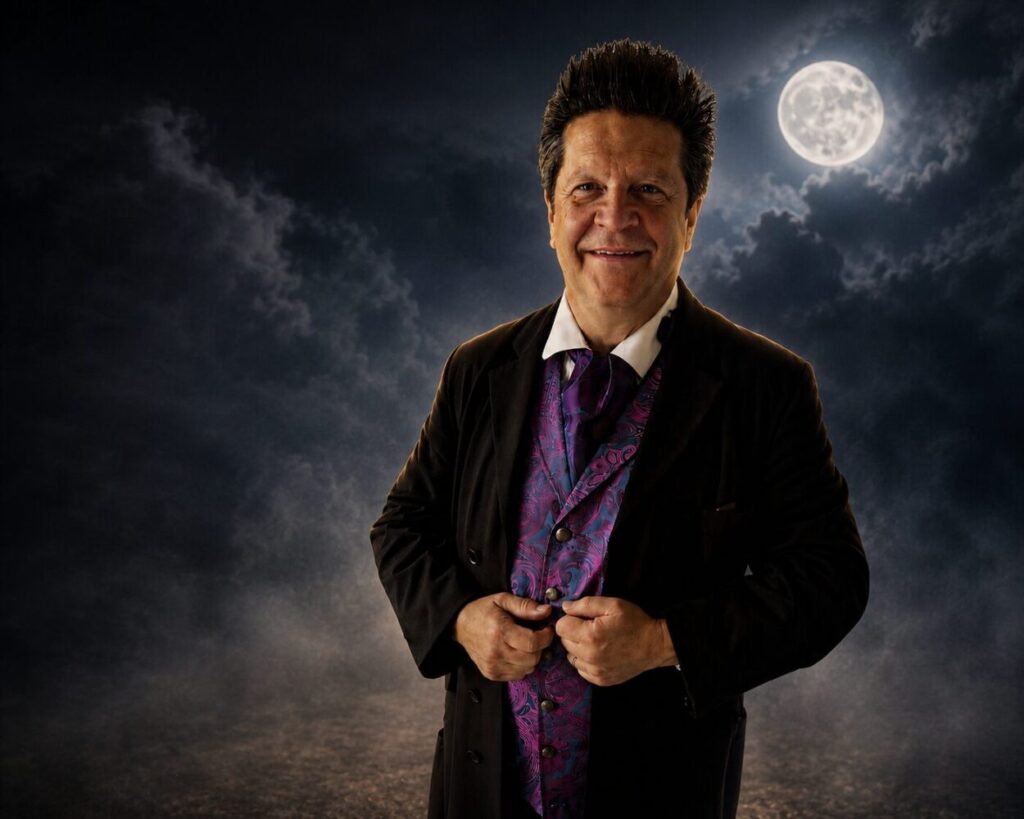 Image of a man dressed in a dark black and purple suit with the night sky and moon as a backdrop.