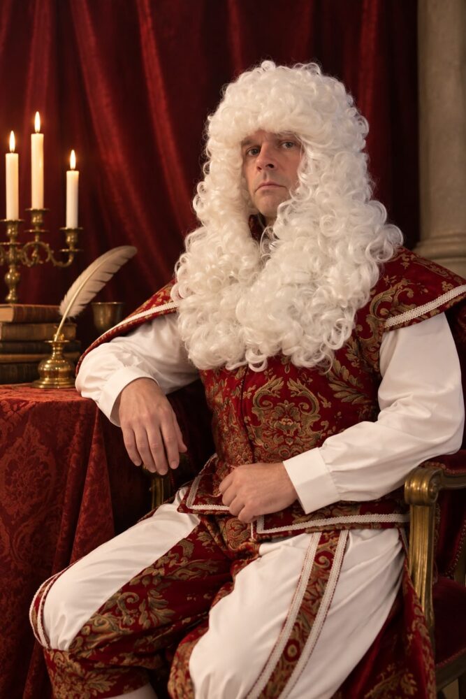Image of a person dressed in a long white curly wig wearing red and white regal clothes.