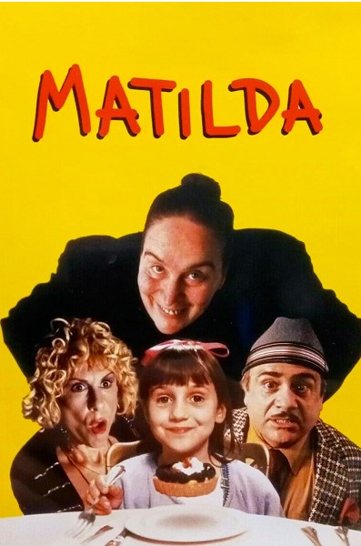 Matilda DVD cover, yellopw background with characters.