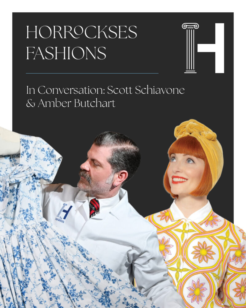 Image of two people with bright coloured dresses and the words: 'Horrockses Fashions' on a black background