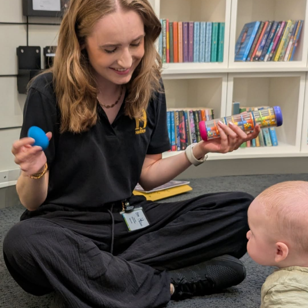 Image of a person holding a rattle in front of a baby.