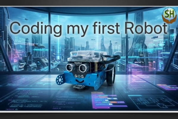 Blue graphic which says: Coding My First Robot