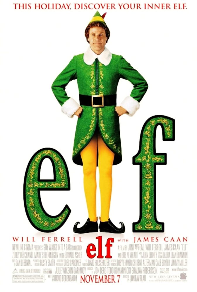 Image of the ELF DVD Cover with a large elf dressed in green and yellow tights.