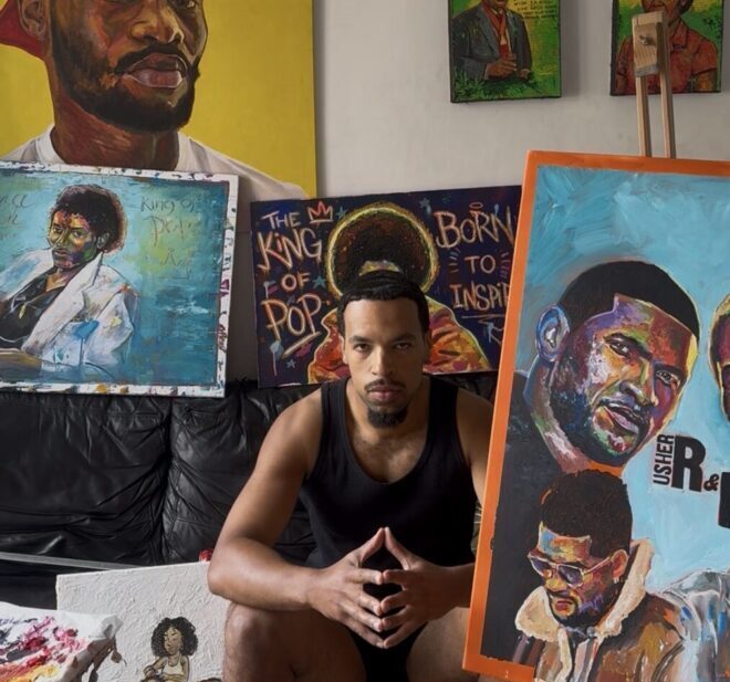 Picture of a person surrounded by bright colourful artworks of influential black figures.
