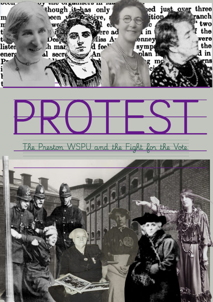 Exhibition poster of black and white images featuring print purple text saying: 'Protest'