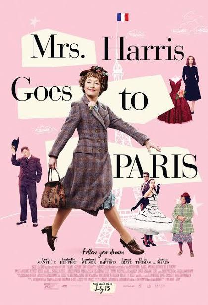 Mrs. Harris Goes To Paris film artwork on a bright pink background.